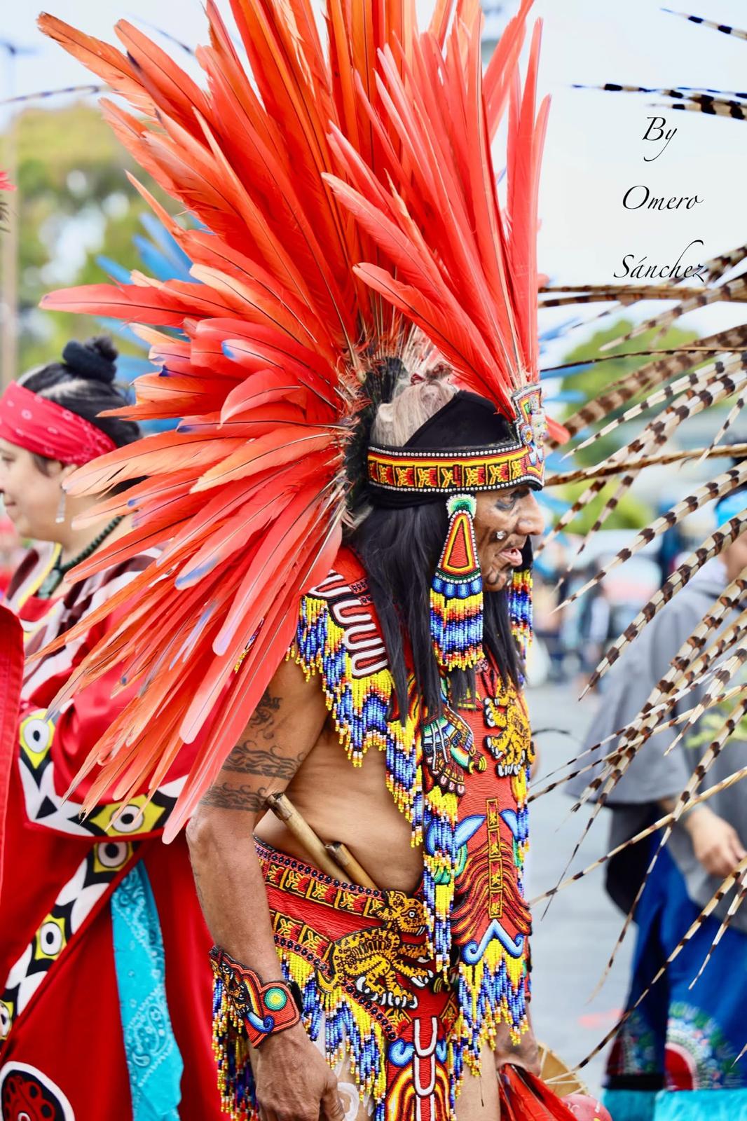 Elder dancer in vibrant red feathered headdress with beaded regalia